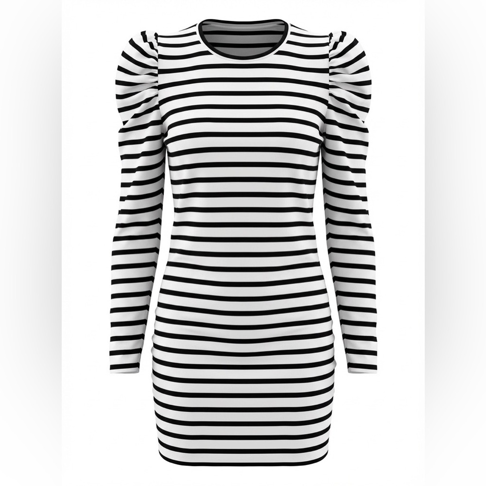 Rebecca Minkoff Talia Puff Sleeve Stripe Bodycon Mini Dress Black White XS